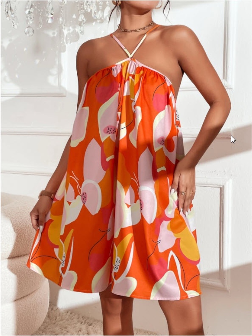 SHEIN Orange Pink Floral Print Mini Dress